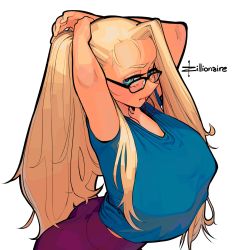 Rule 34 | 1girl, adjusting hair, artist name, ass, black-framed eyewear, blonde hair, blue eyes, blue shirt, breasts, covered erect nipples, eyelashes, forehead, hair tie in mouth, high-waist pants, highres, large breasts, lips, long hair, looking at viewer, mouth hold, original, pants, ponytail, purple pants, shirt, shirt overhang, solo, t-shirt, very long hair, white background, zillionaire