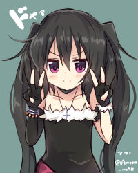 Rule 34 | 1girl, amano kouki, asymmetrical gloves, black hair, choker, cross, double v, elbow gloves, fingerless gloves, flat chest, gloves, green background, highres, jewelry, long hair, looking at viewer, mismatched gloves, necklace, note-chan, original, purple eyes, simple background, single elbow glove, smile, solo, twintails, twitter username, upper body, v, very long hair