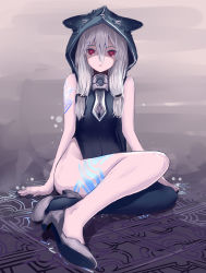 Rule 34 | 10s, 1girl, :o, arm support, asymmetrical clothes, bare legs, bare shoulders, black legwear, bodysuit, breasts, chain chronicle, d:, full body, grey background, grey hair, hair between eyes, hair over shoulder, high heels, highleg, highres, hijou ni shinsetsu na wakamono, hood, legs, light particles, long hair, looking at viewer, low twintails, open mouth, red eyes, scrunchie, shoes, sidelocks, single pantsleg, sitting, sleeveless, small breasts, solo, tattoo, tile floor, tiles, twintails, yokozuwari, yuni (chain chronicle)