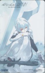 Rule 34 | 00s, 1girl, absurdres, artist name, ass, ayanami rei, blue hair, bodysuit, bracer, card (medium), company name, copyright name, english text, evangelion: 1.0 you are (not) alone, folded, full body, gloves, hair between eyes, hair ornament, hand on own knee, head tilt, highres, hugging own legs, knees up, logo, looking down, neon genesis evangelion, okazaki takeshi, phonecard, pilot suit, plugsuit, rebuild of evangelion, red eyes, reflection, scan, scan artifacts, short hair, sitting, skin tight, solo, water, watermark, web address, white hair