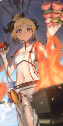Rule 34 | + +, 1girl, :q, absurdres, arknights, bandages, beach umbrella, bikini, blonde hair, breasts, chest sarashi, choker, collarbone, cowboy shot, female focus, fire, fire, food, hands up, highres, holding, holding food, horns, ifrit (arknights), ifrit (sunburn) (arknights), kebab, lucy (rusi-juren328), navel, official alternate costume, orange choker, oven mitts, red eyes, sarashi, sarong, short hair, small breasts, solo, standing, stomach, swimsuit, tongue, tongue out, umbrella, white bikini