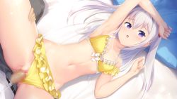 Rule 34 | 1girl, armpits, arms up, asamori mitsuki, bed, bikini, bikini bottom aside, blush, boku no mirai wa koi to kakin to, breasts, censored, cleavage, clothed sex, clothing aside, frilled bikini, frills, from above, game cg, groin, highres, legs, light purple hair, looking at viewer, lying, medium breasts, mosaic censoring, navel, nironiro, on bed, original, penis, pillow, purple eyes, pussy, sex, spread legs, swimsuit, thighs, twintails, two side up, vaginal