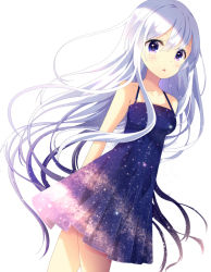 Rule 34 | 1girl, arms behind back, bare arms, bare shoulders, blush, breasts, cowboy shot, dress, dutch angle, hair between eyes, long hair, looking at viewer, natsume3304, night, night sky, open mouth, original, print dress, purple eyes, short dress, silver hair, simple background, sky, sleeveless, sleeveless dress, small breasts, solo, starry sky print, straight hair, unmoving pattern, white background
