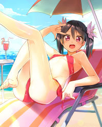 Rule 34 | 10s, 1girl, \m/, barefoot, beach, beach chair, beach umbrella, bendy straw, bikini, black hair, blush, breasts, covered erect nipples, cup, day, drinking straw, feet, flower, ginopi, hair flower, hair ornament, halterneck, long hair, looking at viewer, love live!, love live! school idol project, open mouth, red bikini, red eyes, side-tie bikini bottom, small breasts, smile, solo, swimsuit, twintails, umbrella, underboob, yazawa nico
