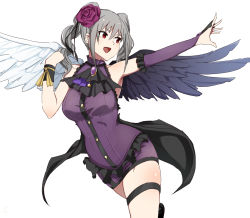 Rule 34 | 10s, 1girl, :d, armpit peek, asymmetrical wings, bare shoulders, breasts, commentary request, cowboy shot, elbow gloves, feathered wings, flower, gloves, green hair, hair flower, hair ornament, idolmaster, idolmaster cinderella girls, kanzaki ranko, large breasts, legband, medium hair, open mouth, outstretched arm, red eyes, red flower, red rose, rose, rosenburg engel, sente, simple background, skindentation, smile, solo, thigh strap, twintails, white background, wings