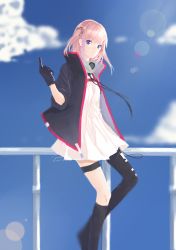 Rule 34 | 1girl, :3, absurdres, asymmetrical clothes, black gloves, blue eyes, closed mouth, cloud, dated, day, dress, girls&#039; frontline, gloves, headphones, highres, jacket, k-yomi, lens flare, long hair, looking at viewer, one side up, outdoors, pink hair, railing, scarf, signature, sketch, sleeves rolled up, st ar-15 (girls&#039; frontline), thigh strap, thighhighs, white dress