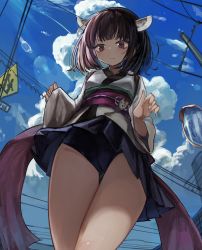 Rule 34 | 1girl, absurdres, blue sky, brown hair, cloud, fingernails, from below, highres, japanese clothes, legs, long sleeves, medium hair, microa, miniskirt, obi, one-piece swimsuit, outdoors, pleated skirt, purple one-piece swimsuit, purple skirt, red eyes, road sign, sash, sign, skirt, sky, solo, swimsuit, swimsuit under clothes, thigh gap, thighs, touhoku kiritan, upskirt, utility pole, voiceroid, wide sleeves