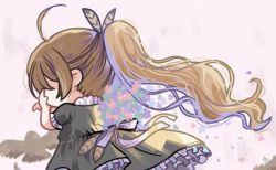 Rule 34 | 1girl, ahoge, bird, black dress, bouquet, brown hair, chibi, clipe, dress, falling petals, flower, frilled dress, frills, hand on own face, hololive, hololive english, long hair, multicolored hair, nanashi mumei, official alternate costume, owl, petals, ribbon, streaked hair, very long hair, virtual youtuber, vocaloid