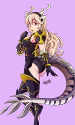 Rule 34 | 1girl, absurdres, alternate hair color, armor, ass, black armor, blonde hair, boots, breasts, buckle, clenched hand, corrin (female) (fire emblem), corrin (female) (nohr noble) (fire emblem), corrin (fire emblem), dated, dragon tail, fire emblem, fire emblem fates, gauntlets, gold trim, hair between eyes, hairband, hand on own chest, highres, horns, jarckius, large breasts, large tail, leotard, light brown hair, long hair, looking at viewer, looking back, nintendo, open mouth, pauldrons, purple background, red eyes, shoulder armor, sidelocks, signature, simple background, slit pupils, solo, tail, thigh boots, thighhighs, thighs, very long hair, wavy hair