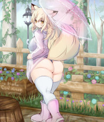 Rule 34 | 1girl, animal ears, ass, barrel, blonde hair, blush, boots, breasts, camisole, choko-san (fuyu), crate, curvy, dress shirt, fence, flower, fox ears, fox tail, from behind, fuyu, grass, huge ass, hydrangea, lamppost, large breasts, long hair, long sleeves, looking back, open clothes, open shirt, original, panties, pink footwear, pink thighhighs, plant, plump, rain, raincoat, rubber boots, see-through, shirt, solo, swimsuit, tail, thick thighs, thighhighs, thighs, thong, transparent, transparent umbrella, tree, umbrella, underwear, vines, walking, water, white thighhighs, yellow eyes