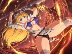 Rule 34 | 1girl, animal print, armor, arms up, belt, bikini armor, black panties, blonde hair, blue bra, blue eyes, blush, bra, breasts, buckle, captain of the royal guard elina, clawed gauntlets, cleavage, closed mouth, cloud, crossover, crotch, detached sleeves, earrings, elbow gloves, elina (queen&#039;s blade), elina (queen's blade), eruption, fire, fur collar, gauntlets, gloves, gluteal fold, hair between eyes, hairband, holding, holding polearm, holding weapon, jewelry, large breasts, long hair, looking at viewer, lava, navel, official art, outdoors, panties, polearm, queen&#039;s blade, senran kagura, senran kagura new link, shiny skin, single gauntlet, smile, solo, spear, thighhighs, tiger print, torn clothes, underwear, volcano, weapon, yaegashi nan