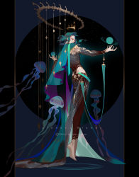 Rule 34 | barefoot, black background, cape, commentary request, detached sleeves, earrings, english text, facial mark, floating, forehead mark, from behind, full body, green eyes, green hair, halo, highres, jellyfish, jewelry, lian yao, looking at viewer, original, outstretched arms, pants, personification, pillarboxed, planet, profile, short hair, sideways glance, skin tight, solo, spine, tiptoes, two-sided cape, two-sided fabric, uranus (planet)