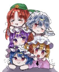 Rule 34 | 5girls, bat wings, beret, blonde hair, blue hair, blush, braid, closed eyes, closed mouth, commentary, crescent, crescent hat ornament, cup, dress, flandre scarlet, frown, green headwear, grey hair, hat, hat ornament, hat ribbon, highres, holding, holding cup, hong meiling, izayoi sakuya, izumi no yasushi aya, long hair, looking at viewer, maid headdress, mob cap, multiple girls, one eye closed, open mouth, patchouli knowledge, pink dress, purple eyes, purple hair, red eyes, red hair, remilia scarlet, ribbon, short hair, siblings, side ponytail, simple background, sisters, sketch, smile, star (symbol), star hat ornament, tea, touhou, twin braids, wings