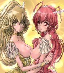 Rule 34 | 10s, 2girls, blonde hair, breast press, breasts, breasts out, cure happy, cure peace, female focus, hoshizora miyuki, kise yayoi, long hair, looking at viewer, multiple girls, nipples, ponytail, precure, rav (ravetx), red eyes, red hair, smile, smile precure!, symmetrical docking, twintails, upper body, yellow eyes, yuri