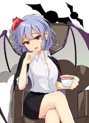 Rule 34 | 1girl, absurdres, alternate costume, bat wings, black skirt, chair, crossed legs, cup, highres, hira-san, holding, holding cup, looking at viewer, miniskirt, parted lips, pencil skirt, pointy ears, red eyes, remilia scarlet, ribbon, shirt, short hair, sitting, skirt, solo, teacup, touhou, white shirt, wings
