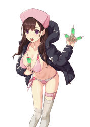 Rule 34 | 1girl, :o, bad id, bad twitter id, bikini, black jacket, breasts, brown hair, cleavage, collarbone, gluteal fold, grey thighhighs, hat, highres, holding, hood, hood down, hooded jacket, jacket, large breasts, leaning forward, leg belt, long hair, long legs, long sleeves, looking at viewer, navel, nurse cap, open clothes, open jacket, open mouth, original, pink bikini, pink hat, purple eyes, shouhei, side-tie bikini bottom, simple background, solo, standing, stomach, swimsuit, syringe, thighhighs, thighs, white background