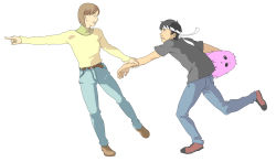 Rule 34 | 1boy, 1girl, :d, arm grab, belt, black hair, black shirt, brown hair, denim, from side, hairband, headband, highres, hoshino hachirouta, loafers, nono (planetes), open mouth, pants, parted lips, planetes, pointing, shirt, shoes, short sleeves, simple background, smile, sora-bakabon, stuffed animal, stuffed toy, teeth, white background, yellow shirt