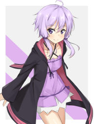 Rule 34 | 1girl, ahoge, black jacket, blush, closed mouth, collarbone, commentary request, criss-cross halter, dress, hair between eyes, halterneck, highres, jacket, kohakope, long hair, long sleeves, looking at viewer, open clothes, open jacket, purple dress, purple eyes, purple hair, sidelocks, sleeves past wrists, smile, solo, voiceroid, yuzuki yukari
