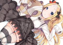 Rule 34 | 10s, 1girl, :o, abigail williams (fate), bandaged arm, bandaged head, bandages, black bow, black panties, black skirt, blush, boko (girls und panzer), bow, bug, butterfly, collared shirt, commentary request, cosplay, crossed bandaids, dress shirt, dutch angle, fate/grand order, fate (series), girls und panzer, gluteal fold, hair bow, insect, long hair, long sleeves, looking at viewer, lying, on back, one side up, orange bow, p answer, panties, panty pull, parted bangs, parted lips, pleated skirt, purple eyes, shimada arisu, shimada arisu (cosplay), shirt, skirt, sleeves past fingers, sleeves past wrists, solo, striped clothes, striped thighhighs, stuffed animal, stuffed toy, teddy bear, thighhighs, underwear, very long hair, white shirt