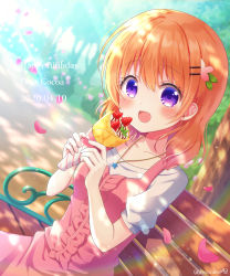 Rule 34 | 1girl, artist name, bench, blush, brown hair, character name, collarbone, dated, day, gochuumon wa usagi desu ka?, hair ornament, hairclip, happy birthday, highres, hot chocolate, hoto cocoa, jewelry, looking at viewer, mozukun43, necklace, open mouth, outdoors, purple eyes, short hair, sitting, smile, solo, twitter username