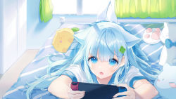 Rule 34 | 1girl, a20 (atsumaru), animal ears, bed, blue eyes, blue hair, blue sailor collar, blue skirt, cat ears, clover, commission, curtains, fingernails, four-leaf clover, hair between eyes, handheld game console, highres, holding, holding handheld game console, indoors, legs up, long hair, looking at viewer, lying, on bed, on stomach, open mouth, original, pantyhose, pleated skirt, sailor collar, shirt, short sleeves, sidelocks, skirt, solo, stuffed animal, stuffed cat, stuffed toy, sunlight, white pantyhose, white shirt, window