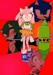 Rule 34 | 2boys, 2girls, amy rose, black jacket, blue eyes, glasses, gloves, green eyes, hammer, highres, historiaallen, holding, holding hammer, holding weapon, jacket, looking at viewer, multiple boys, multiple girls, rosy the rascal, scar, scar on chest, scourge the hedgehog, sonic (series), sonic the hedgehog, sonic the hedgehog (archie comics), weapon, white gloves