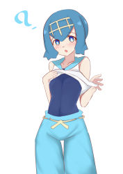 Rule 34 | 1girl, ?, absurdres, bare shoulders, blue eyes, blue hair, blue pants, blush, breasts, capri pants, clothes lift, collarbone, creatures (company), female focus, game freak, hair ornament, hands up, headband, highres, ko to tsuki, lana (pokemon), lifted by self, looking at viewer, matching hair/eyes, nintendo, open mouth, pants, pokemon, pokemon sm, shirt, shirt lift, short hair, simple background, sleeveless, sleeveless shirt, small breasts, solo, standing, swimsuit, swimsuit under clothes, white background, white shirt