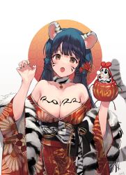 Rule 34 | 1girl, 2022, animal ears, bare shoulders, bell, blue hair, body writing, breasts, cleavage, dark blue hair, facial mark, fangs, flower, fur-trimmed collar, fur trim, hair flower, hair ornament, hands up, highres, holding, idolmaster, idolmaster million live!, idolmaster million live! theater days, japanese clothes, kimono, kitakami reika, large breasts, long hair, looking at viewer, low twintails, neck bell, nys, open mouth, paw pose, simple background, solo, tail, tiger ears, tiger tail, twintails, upper body, whisker markings, white background, yellow eyes