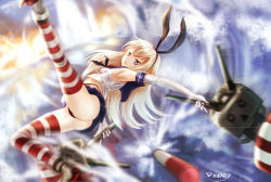Rule 34 | 10s, 1girl, ass, black panties, blonde hair, dasoey, elbow gloves, gloves, kantai collection, lifebuoy, long hair, looking at viewer, panties, rensouhou-chan, shimakaze (kancolle), solo, striped clothes, striped thighhighs, swim ring, thighhighs, thong, underwear, white gloves, yunming (lushaobin)