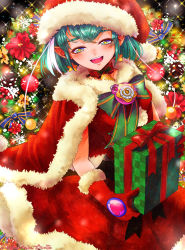 Rule 34 | 1girl, :d, bell, blue eyes, blue ribbon, blush, box, cape, christmas tree, dededeteiu, flower, fur-trimmed cape, fur-trimmed gloves, fur-trimmed headwear, fur-trimmed skirt, fur trim, gift, gift box, gloves, green hair, hagoromo lala, hat, highres, holding, holding box, jingle bell, looking at viewer, open mouth, pointy ears, precure, red cape, red flower, red gloves, red hat, red skirt, ribbon, santa costume, santa hat, skirt, smile, solo, star-shaped pupils, star (symbol), star twinkle precure, symbol-shaped pupils