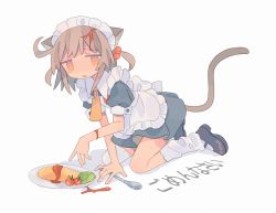 Rule 34 | 1girl, animal ears, cat ears, cat girl, cat tail, daizu (melon-lemon), food, frills, full body, furrowed brow, grey background, hair bobbles, hair ornament, highres, jitome, light brown hair, looking at viewer, maid headdress, omelet, omurice, open mouth, original, plate, simple background, solo, spoon, tail, tears, white legwear