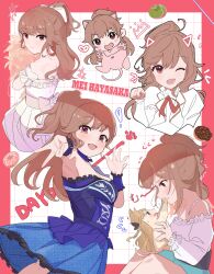 Rule 34 | 2girls, :d, absurdres, animal, animalization, armpits, bare shoulders, blue skirt, border, bouquet, bow, breasts, brown hair, cat, chibi, chibi inset, detached collar, drawn ears, drawn whiskers, dress, flower, gyaru v, hair bow, hand on another&#039;s mouth, highres, holding, holding animal, holding bouquet, holding cat, idoly pride, long bangs, long hair, looking at another, looking at viewer, medium breasts, multiple girls, multiple views, narumiya suzu, hugging object, off-shoulder shirt, off shoulder, one eye closed, ooho0216, open mouth, outside border, paw pose, pleated skirt, ponytail, purple shirt, raised eyebrows, red border, red eyes, shirt, sidelocks, skirt, smile, strapless, strapless shirt, v, wedding dress, white bow, white shirt, wrist cuffs