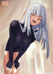 Rule 34 | 1girl, :d, ak-12 (girls&#039; frontline), an-94 (girls&#039; frontline), bent over, bodysuit, breasts, closed eyes, covered erect nipples, curtains, facing viewer, fingernails, girls&#039; frontline, grey hair, hands on own knees, hanging breasts, highres, j adsen, large breasts, leaning forward, long hair, medium breasts, open mouth, signature, smile, solo