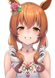 Rule 34 | 1girl, animal ears, bare shoulders, bracelet, breasts, brown eyes, brown hair, cleavage, collarbone, commentary request, crying, crying with eyes open, dress, flower, gloves, grin, hair between eyes, hair flower, hair ornament, hands up, highres, holding, holding own hair, horse ears, jewelry, long hair, looking at viewer, mayano top gun (sunlight bouquet) (umamusume), mayano top gun (umamusume), medium breasts, pearl bracelet, pink flower, pink rose, rose, sidelocks, smile, solo, strapless, strapless dress, sunflower, sunflower hair ornament, tears, umamusume, white dress, white gloves, yellow flower, ym (distance819)