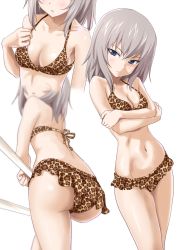 Rule 34 | 10s, 1girl, animal print, ass, bad id, bad twitter id, bare arms, bare shoulders, bikini, blue eyes, breast hold, breasts, brown bikini, cleavage, frilled bikini, frills, gin&#039;you haru, girls und panzer, hair between eyes, highres, inactive account, itsumi erika, leopard print, looking at viewer, medium breasts, multiple views, navel, silver hair, simple background, standing, swimsuit, white background