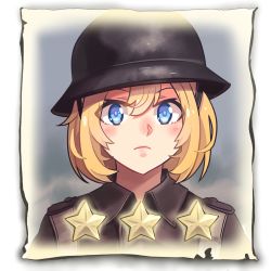 Rule 34 | 1girl, blonde hair, blue eyes, british army, closed eyes, closed mouth, company of heroes, hair between eyes, hat, helmet, infantry section (company of heroes), jacket, lowres, military, military hat, military jacket, military uniform, original, short hair, solo, star (symbol), uniform, world war ii, zhainan s-jun