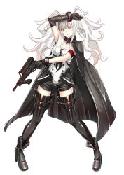 Rule 34 | 1girl, absurdres, armband, asymmetrical gloves, black cape, black footwear, black legwear, black shorts, boots, breasts, calico light weapons systems, calico m950, calico m950a, cape, cheek pistol, double-stack magazine, elbow gloves, girls&#039; frontline, gloves, gun, handgun, helical magazine, high-capacity magazine, high heel boots, high heels, highres, holding, holding gun, holding weapon, leotard, long hair, m950a (girls&#039; frontline), machine pistol, medium breasts, messy hair, mutugorou u, pistol, sangvis ferri, short shorts, shorts, simple background, single elbow glove, solo, stubby grip, thighs, two side up, vertical forward grip, weapon, white background, white hair, white leotard, yellow eyes