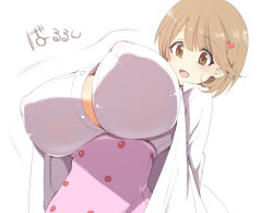 Rule 34 | 10s, 1girl, :d, bad id, bad pixiv id, bouncing breasts, breasts, brown eyes, brown hair, covered erect nipples, hair ornament, hairclip, heart, heart hair ornament, huge breasts, lab coat, nachisuke (nachi comic), narusawa ryouka, occultic;nine, open mouth, short hair, simple background, smile, solo, translation request, white background