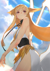 Rule 34 | 1girl, absurdres, blonde hair, blush, day, dress, fate/grand order, fate (series), from below, halter dress, halterneck, head wings, high collar, highres, holding, jewelry, kndy, long hair, looking away, looking to the side, necklace, red eyes, side slit, sky, solo, thrud (fate), valkyrie (fate), very long hair, weapon request, wings