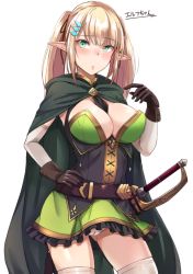 Rule 34 | 1girl, blonde hair, blush, breasts, cleavage, cloak, dress, elbow gloves, gloves, green eyes, hair ornament, hair ribbon, hand up, hiruno, large breasts, long hair, looking at viewer, original, panties, parted lips, pointy ears, ribbon, silvy (hiruno), solo, sword, thighhighs, thighs, twintails, underwear, weapon, white panties