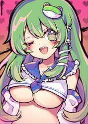 Rule 34 | 1girl, alternate costume, bare shoulders, blue necktie, blush, breasts, collared shirt, commentary request, detached sleeves, frills, frog hair ornament, gradient background, green eyes, green hair, hair between eyes, hair ornament, hair tubes, heart, heart-shaped pupils, high collar, highres, kochiya sanae, kyouda suzuka, long hair, long sleeves, looking to the side, medium breasts, multicolored background, necktie, one eye closed, open mouth, orange background, pink background, shirt, smile, snake hair ornament, solo, standing, symbol-shaped pupils, teeth, tongue, touhou, twitter username, white shirt, wide sleeves