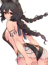 Rule 34 | 1girl, animal ears, armlet, ass, backless swimsuit, bad id, bad pixiv id, bare back, bare shoulders, black hair, black one-piece swimsuit, braid, breasts, butt crack, casual one-piece swimsuit, cowboy shot, erune, granblue fantasy, highres, koretsuki azuma, leaning forward, long hair, looking at viewer, looking back, medium breasts, nier (granblue fantasy), nier (lover by the lily lake) (granblue fantasy), one-piece swimsuit, parted lips, red eyes, sideboob, simple background, solo, swimsuit, tassel, thighs, twin braids, white background