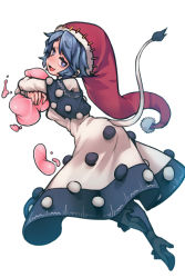 Rule 34 | 1girl, arched back, black dress, black footwear, black legwear, blue eyes, blue hair, blush, bow, breasts, doremy sweet, dream soul, dress, floating, footwear bow, from side, full body, gradient eyes, hat, high heels, highres, looking at viewer, multicolored eyes, nightcap, nose blush, nyong nyong, open mouth, outline, pom pom (clothes), purple eyes, red hat, shoes, short eyebrows, short hair, sidelighting, simple background, small breasts, smile, smug, solo, tail, tapir tail, touhou, two-tone dress, white background, white dress