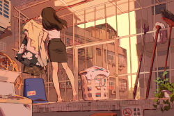 Rule 34 | 1girl, black skirt, brown hair, from behind, full body, highres, laundry, laundry basket, laundry pole, long hair, office lady, office lady taiwan, original, shirt, short sleeves, skirt, slippers, solo, taiwan, tennohi, white shirt, yellow footwear