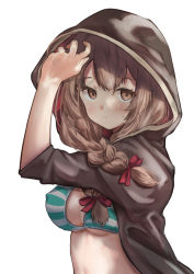 Rule 34 | 1girl, bikini, blush, braid, breasts, brown eyes, capelet, cleavage, closed mouth, covered erect nipples, hair ribbon, hood, hood up, hooded capelet, kantai collection, large breasts, light brown hair, long hair, ribbon, sanninme no haru, shinshuu maru (kancolle), simple background, solo, striped bikini, striped clothes, swimsuit, twin braids, upper body, white background