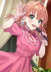Rule 34 | 1girl, absurdres, birthday, blush, breasts, commentary, dress, gloves, green eyes, hairband, highres, hinoshita kaho, holding, holding microphone, kyaku tasu, link! like! love live!, looking at viewer, love live!, medium breasts, medium hair, microphone, orange hair, pink dress, see-through gloves, smile, two side up, upper body, virtual youtuber
