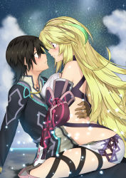 Rule 34 | 1boy, 1girl, ahoge, bare shoulders, black hair, blonde hair, blush, breast on chest, breast press, breasts, brown eyes, cleavage, cloud, cloudy sky, coat, couple, detached sleeves, elbow gloves, eye contact, girl on top, gloves, gradient hair, hetero, highres, hug, jude mathis, kai (link2262), large breasts, long hair, looking at another, midriff, milla maxwell, miniskirt, multicolored hair, night, night sky, red eyes, short hair, sitting, skirt, sky, star (sky), starry sky, straddling, strapless, tales of (series), tales of xillia, tube top, upright straddle