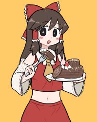 Rule 34 | 1girl, black eyes, blush, bow, breasts, bright pupils, brown hair, bseibutsu, cake, collared shirt, commentary, cookie (touhou), cowboy shot, detached sleeves, food, fork, frilled bow, frilled hair tubes, frills, fruit, hair bow, hair tubes, hakurei reimu, holding, holding fork, holding plate, long hair, looking at viewer, medium bangs, medium breasts, midriff, name connection, navel, noel (cookie), object namesake, open mouth, orange background, plate, pun, red bow, red shirt, red skirt, ribbon-trimmed sleeves, ribbon trim, shirt, sidelocks, simple background, skirt, skirt set, sleeveless, sleeveless shirt, smile, solo, strawberry, touhou, triangle mouth, white pupils, white sleeves, wide sleeves, yule log (cake)