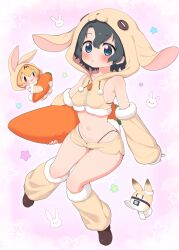 Rule 34 | 2girls, animal costume, animal ears, animal hood, black hair, blue eyes, blush, bra strap, breasts, carrot-shaped pillow, carrot necklace, fake animal ears, highres, hood, hood up, jewelry, kaban (kemono friends), kemono friends, lucky beast (kemono friends), multiple girls, necklace, open mouth, rabbit costume, rabbit ears, rabbit hood, ransusan, serval (kemono friends), short hair, small breasts, smile, tail, thong