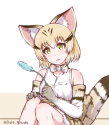 Rule 34 | 10s, 1girl, animal ears, bare shoulders, blonde hair, blush, bow, bowtie, cat ears, cat tail, disco brando, elbow gloves, gloves, highres, kemono friends, multicolored hair, open mouth, sand cat (kemono friends), shirt, short hair, sitting, sleeveless, sleeveless shirt, solo, streaked hair, striped tail, tail, triangle mouth, white shirt, yellow eyes
